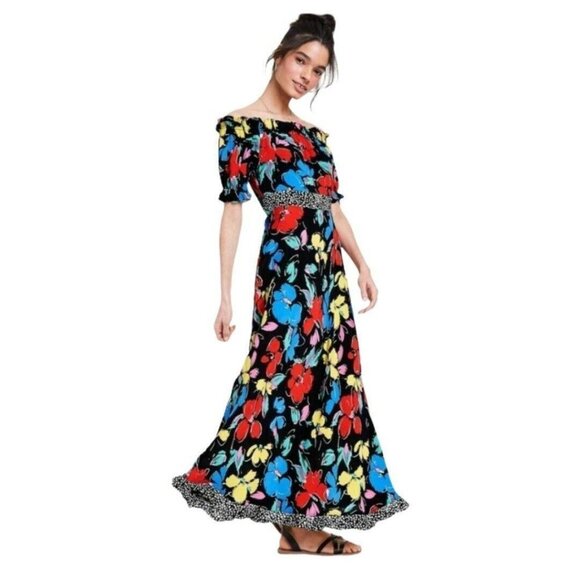 Black Floral Off the Shoulder Puff Sleeve Peasant Maxi Dress Rixo for Target - Picture 2 of 8